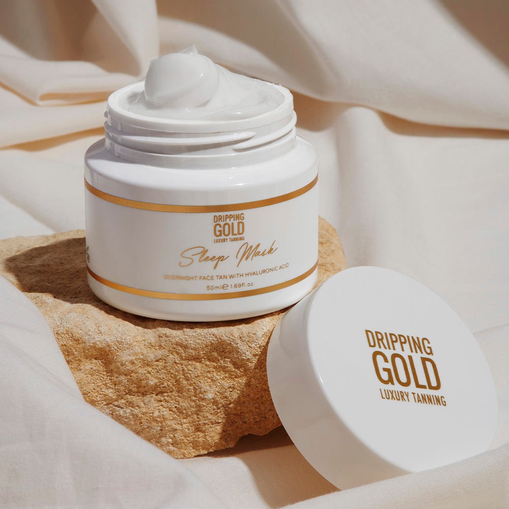 Dripping Gold Luxury Tanning Sleep Mask Face Tan with Hyaluronic Acid for overnight glowing tan and skin nourishment in a bottle