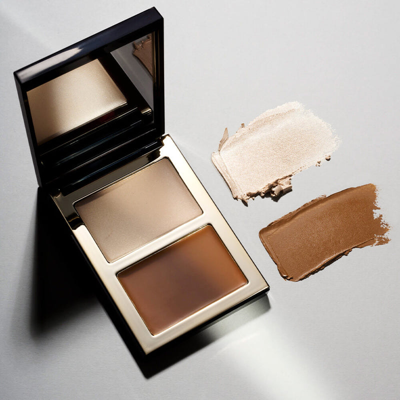 Close-up of the SOSU x Bonnie Ryan Contour & Glow Palette, showcasing its luxurious cream-to-satin shades in radiant bronze and champagne tones. Perfect for achieving a sculpted look with lightweight, blendable textures. Enhance your natural features with this must-have SOSU cosmetic essential.