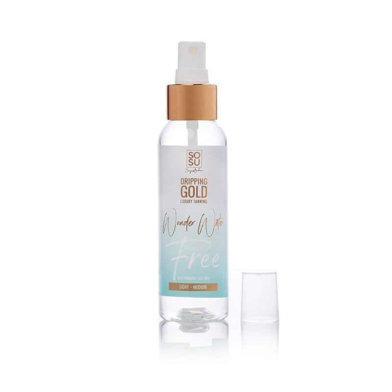 A bottle of SOSU Dripping Gold's Fragrance Free Wonder Water in Light-Medium shade, designed for sensitive skin to achieve a radiant and glowed-up complexion