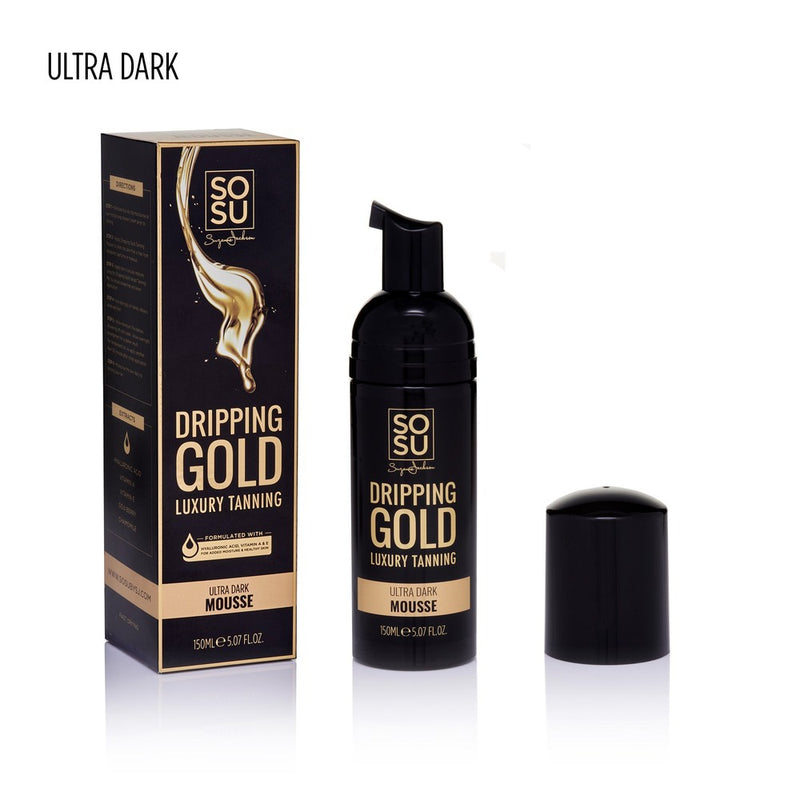 Dripping Gold Luxury Mousse in Ultra Dark shade, a fast-drying and hydrating tanning formula enriched with Hyaluronic Acid, Vitamin A & E, Goji Berry and Chamomile extracts, suitable for face and body
