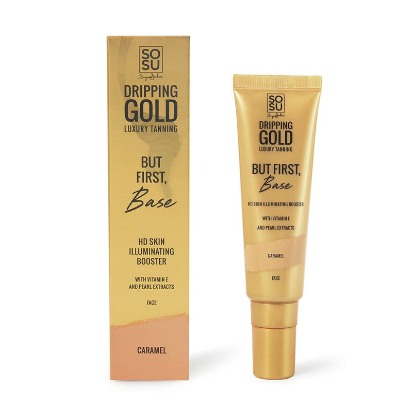 Face Base in Caramel from the Dripping Gold Luxury Tanning line, an HD skin illuminating booster with Vitamin E and pearl extracts