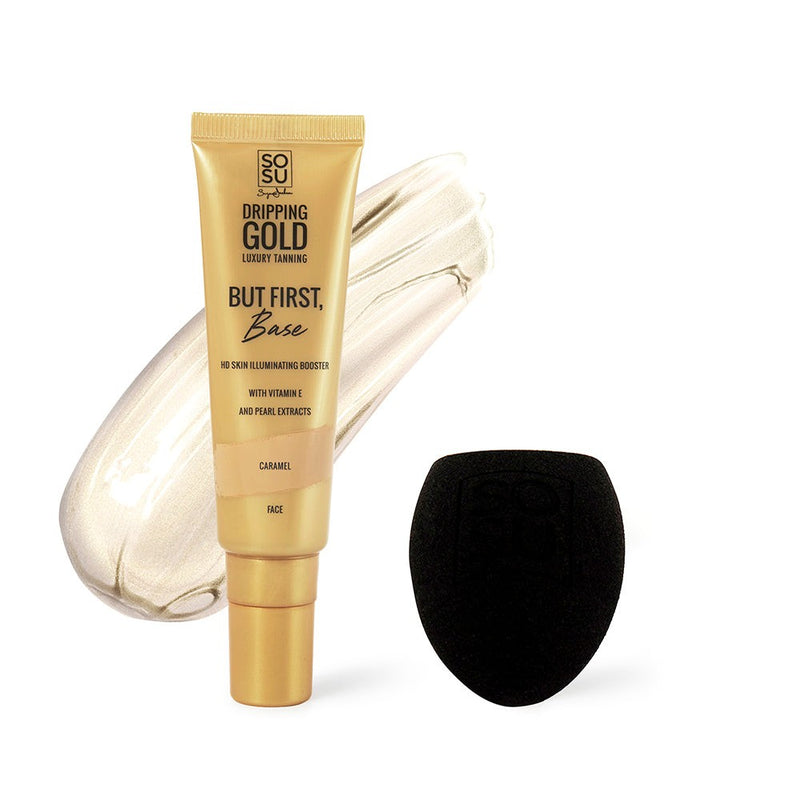 Dripping Gold But First, Base & Pro Blender Sponge in Caramel shade, a makeup-skincare hybrid with Vitamin E and Pearl Extracts for a soft-focus, smooth boost to your base, paired with a super-soft expanding pro blender sponge