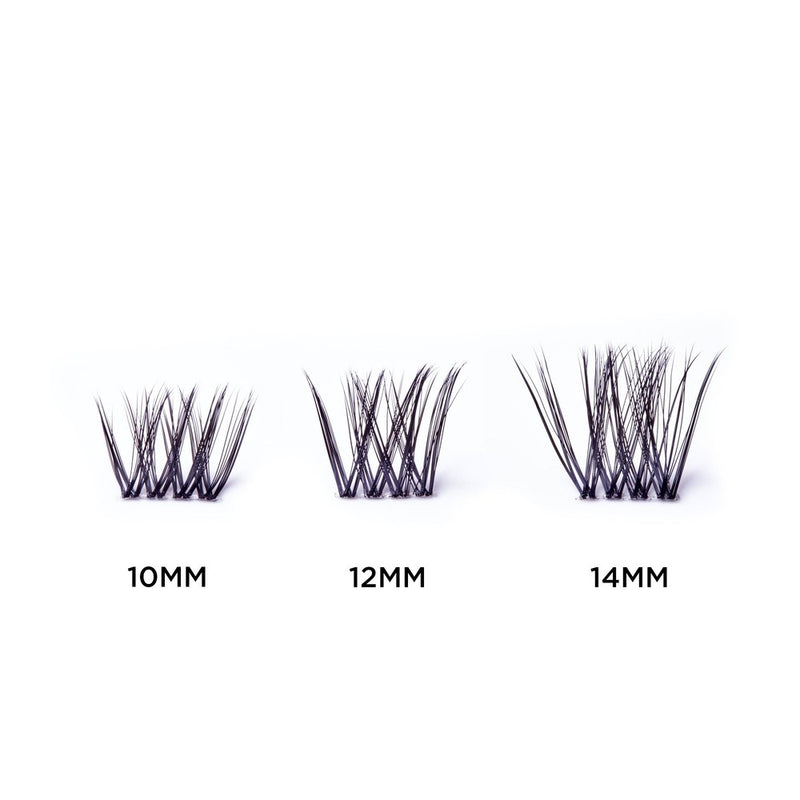 Hidden Agenda Dramatized lashes with three different lengths of 10mm, 12mm, and 14mm, designed for lash application underneath the natural lash line for a dramatic effect