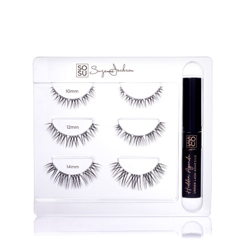 Hidden Agenda Dramatized lashes by SOSU by Suzanne Jackson with different lengths including 10mm, 12mm, and 14mm, designed for under lash application with an undetectable finish for a dramatic effect
