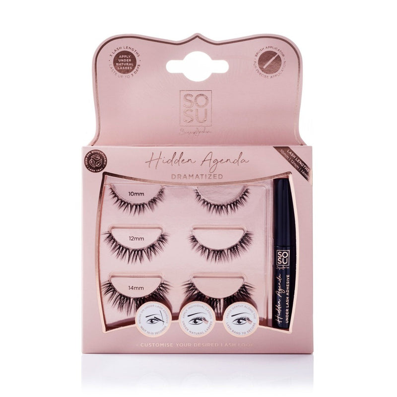 Hidden Agenda Dramatized lashes with different lengths of 10mm, 12mm, and 14mm, designed for application underneath the natural lash line for a dramatic effect and complete customisation