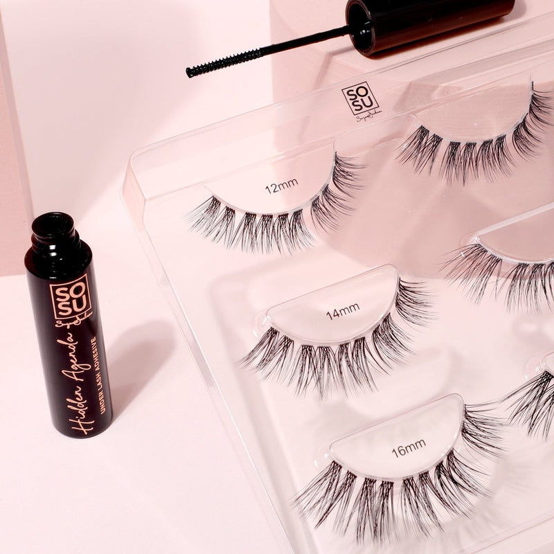 Hidden Agenda Longer Length Lashes, designed for application underneath the natural lash line for an undetectable finish and a customized lash-look. Comes in three different lengths: 12mm, 14mm, 16mm