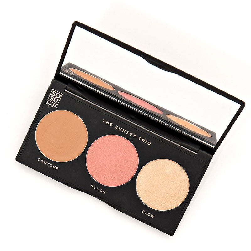 The Sunset Trio palette featuring original contour powder shade, stunning blush, and champagne gold highlighter for contouring, blushing, and glowing like a pro