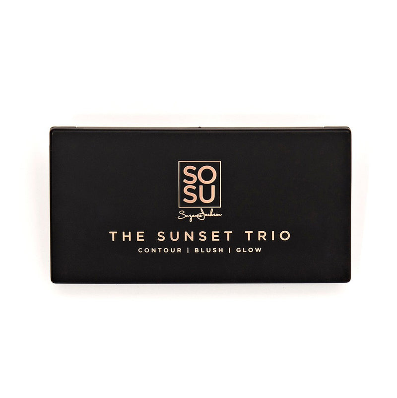 The Sunset Trio contour, blush, and glow palette from SOSU, perfect for creating a stunning look on those balmy sunset evenings