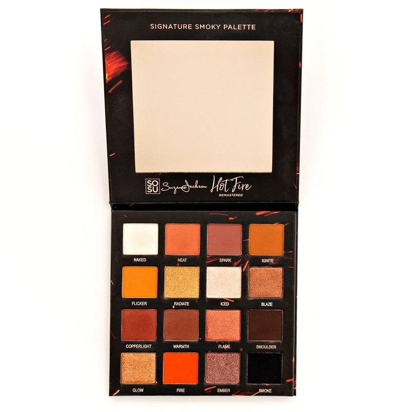 SOSU Hot Fire Signature Smoky Palette featuring 16 newly formulated matte & shimmer shades from pale cream to deep chocolate and shimmery gold to metallic copper, effortlessly packaged in a sleek matte black square palette