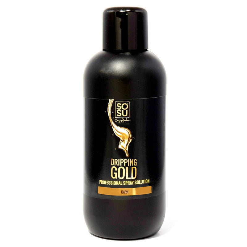 Dripping Gold Professional Spray Tan Solution in a bottle, providing a silky smooth, lusciously bronzed, streak-free application for face and body. Enriched with Vitamin A, Vitamin E, Goji Berry and Chamomile extracts for ultra hydration and a tropical scent.