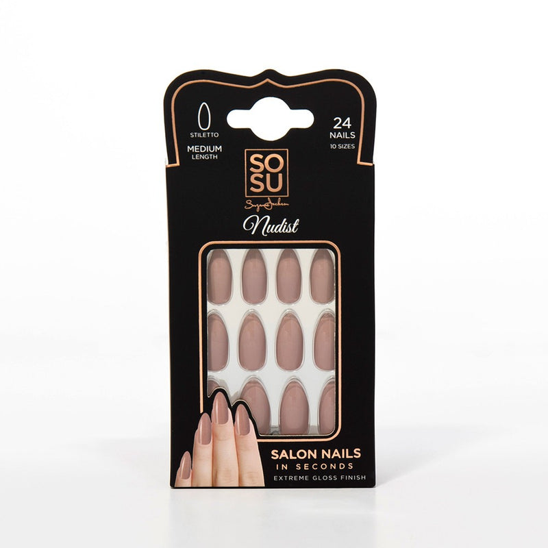 SOSU Nudist salon nails with stiletto shape, medium length, and extreme gloss finish in a set of 24 nails with 10 sizes