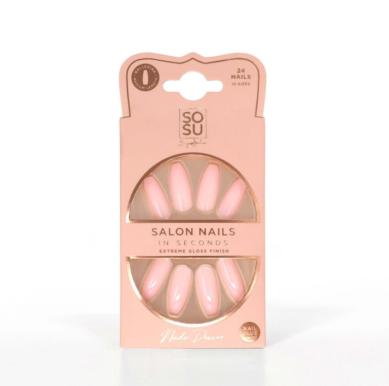 Nude Desire medium length ballerina shape nails in pack. Provides salon results in seconds with a rose-tinted nude color and extreme gloss finish. Includes 24 nails in 10 sizes, adhesive, mini nail file, and manicure stick for easy application and removal.