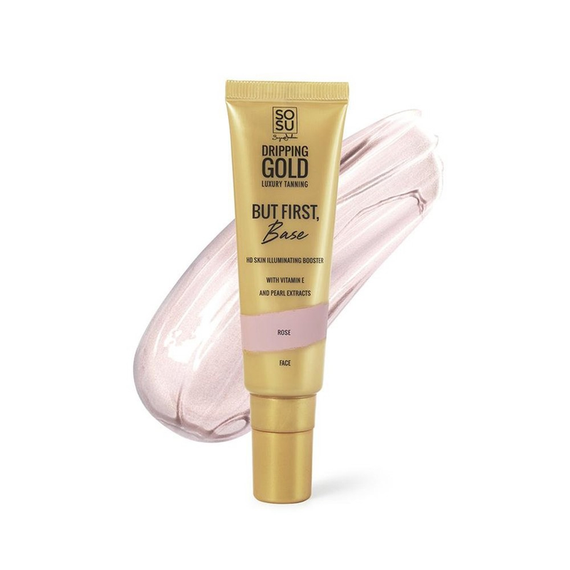 Dripping Gold's Face Base in Rose shade, a luxury skin illuminating booster with vitamin E and pearl extracts for a radiant and soft-focus look