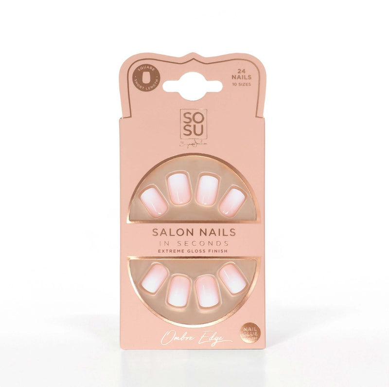 SOSU Ombre Edge salon nails pack featuring short square nails with an extreme gloss finish in an ombre style