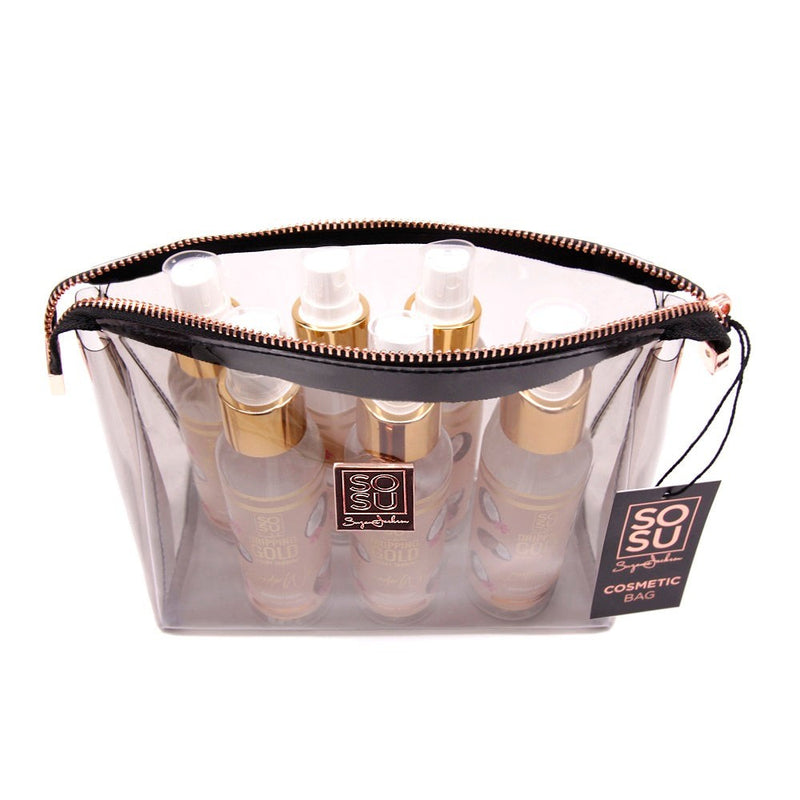 SOSU Cosmetics Travel Cosmetic Bag with transparent body and zip for security, perfect for storing and protecting makeup and brushes while traveling