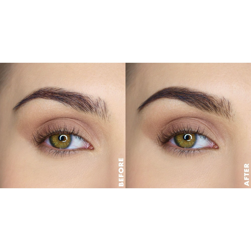 Bouncy Brow Duo in light to medium shade for picture perfect, long-lasting, and buildable brows. It can be used for creating volume, dimension, and an ombre effect. The product image shows before and after application.