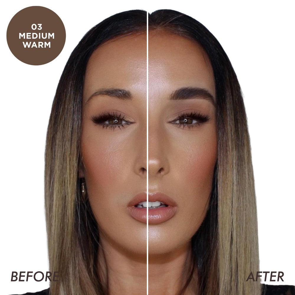 Brow Gel in shade 03 Med Warm showing a before and after effect, perfect for medium colored hair with warm undertones, providing high impact brows with a quick drying formula