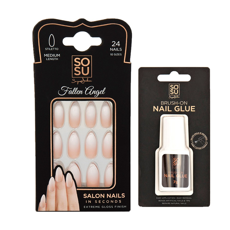 At Home Nails & Glue set in the style 'Fallen Angel', including 24 stiletto shape nails of medium length in 10 sizes and a brush-on nail glue, with an extreme gloss finish and easy application.