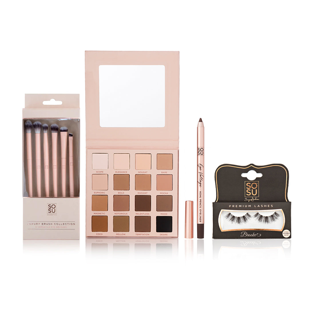 All Matte Everything eyeshadow palette bundle, includes our eyeshadow palette, eye brush collection, brown kohl liner and brooke strip lashes with 15% off 