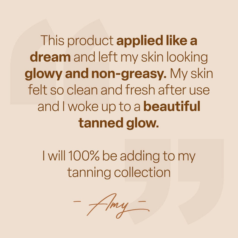 Sleep Mask Face Tan that renders a stunning sun-kissed glow overnight, with a rich whipped texture and skin-plumping actives. A testimonial by Amy praises its non-greasy finish and the beautiful tanned glow it provides.