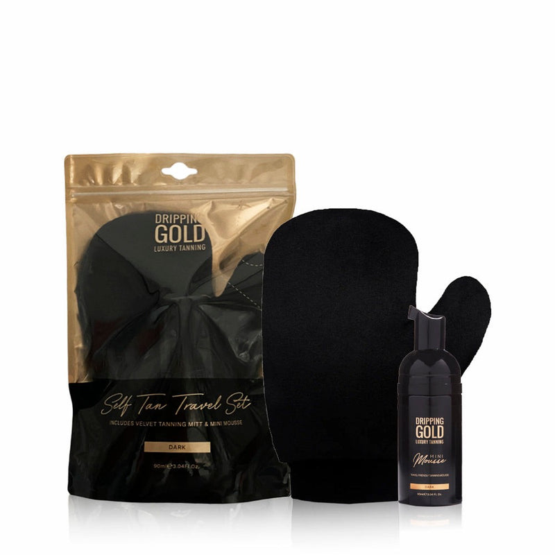 Dripping Gold Self Tan Travel Set including a dark luxury tanning mousse and a velvet tanning mitt in a travel-friendly size for a deep golden and hydrating tan