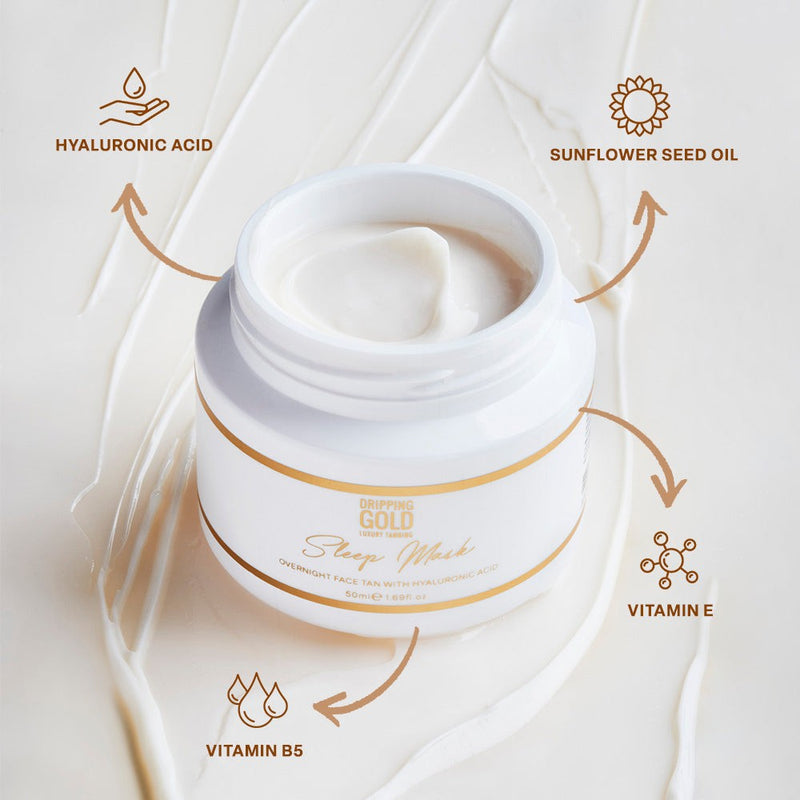 Dripping Gold Luxury Sleep Mask Face Tan with Hyaluronic Acid, Vitamin B5 & E and Sunflower Seed Oil for an overnight glow and skin-plumping actives in a rich whipped texture