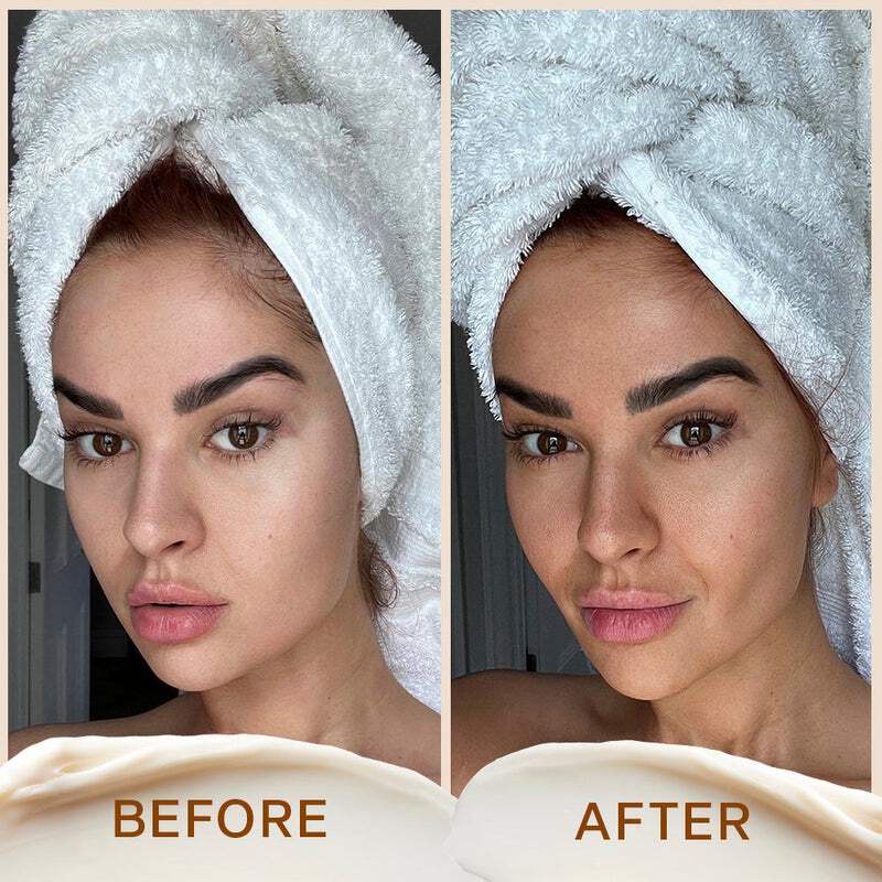 Sleep Mask Face Tan that gives a glowing tan and deeply nourishes the skin for a hydrated, sun-kissed glow. The image shows the results before and after application.