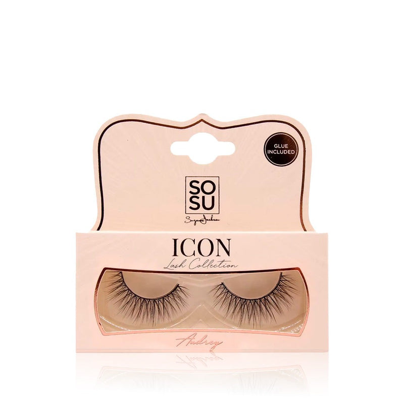 Audrey from the SOSU Cosmetics Icon Lash Collection, a semi-full lash with a unique criss-cross look, made with luxury reusable 3D synthetic fibres for a seductive Hollywood Starlet look