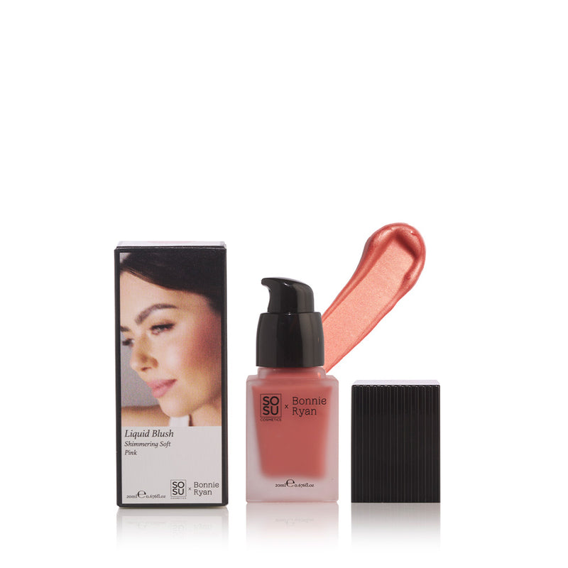 SOSU x Bonnie Ryan Liquid Blush in Shimmering Soft Pink, showcasing a radiant bottle design with dewy finish swatch. Ideal for a youthful glow and skin hydration. Recommended application with SOSU x Bonnie Dual Ended Blush Brush for flawless results.