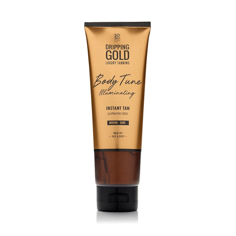 Medium-Dark Body Tune Instant Tan in a bottle, offering an illuminating finish and luxurious rich formula that conceals imperfections and evens out skin texture
