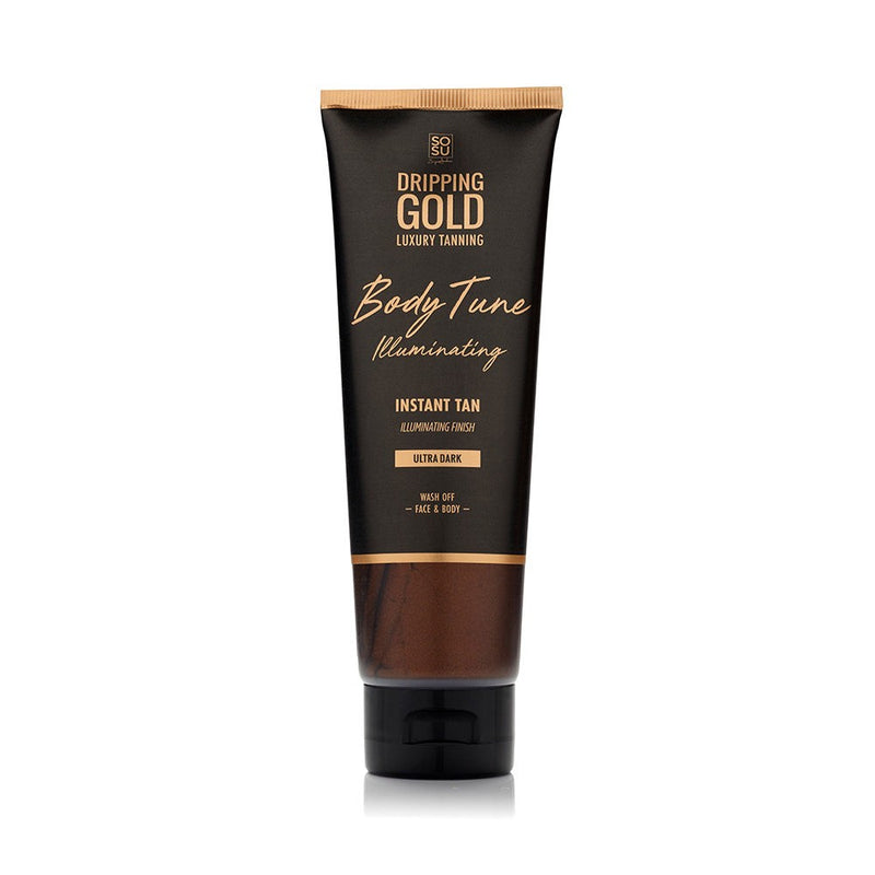 Body Tune Instant Tan Illuminating in Ultra Dark, a luxuriously rich formula that provides a flawless, bronzed glow instantly and conceals imperfections, suitable for face and body