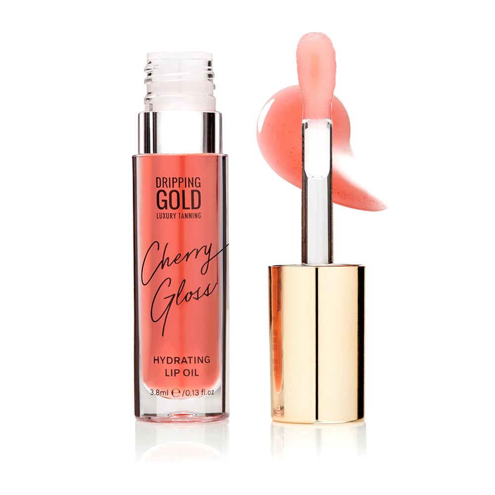 Cherry Gloss Hydrating Lip Oil by SOSU Cosmetics, offering ultra-soft, glowy lips with skin-loving ingredients like Macadamia Nut Seed Oil and Jojoba Seed Oil, in a non-sticky, non-greasy texture