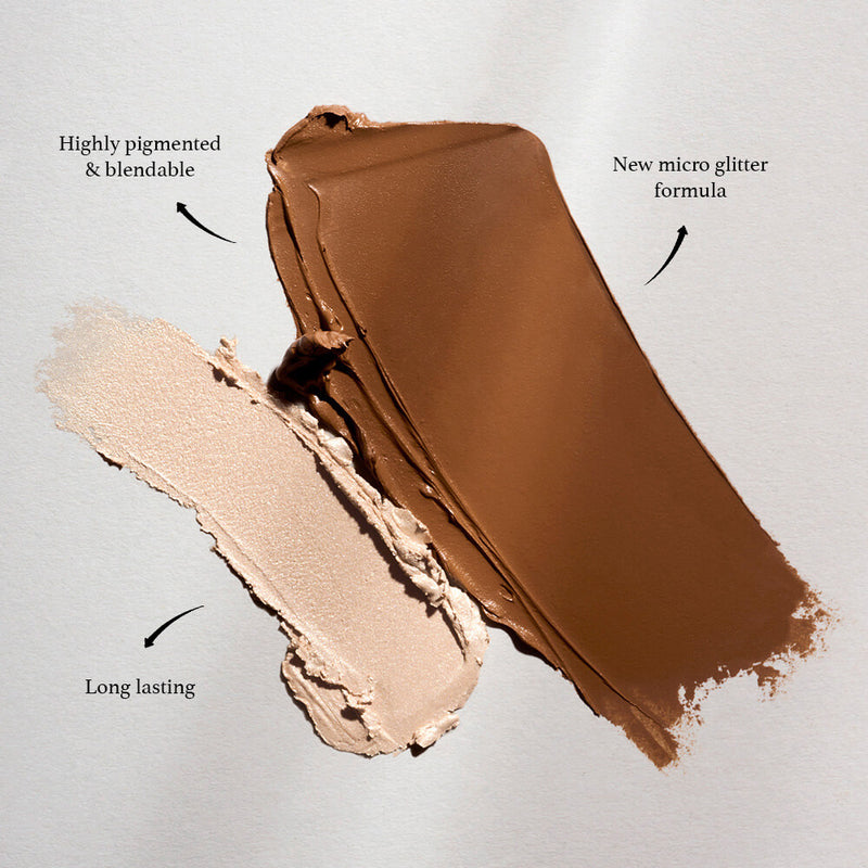 Detailed view of SOSU x Bonnie Ryan Contour & Glow Palette swatches, highlighting its rich pigmentation. The bronze shade showcases a new micro glitter formula while the champagne shade emphasizes its long-lasting, blendable nature. Experience the magic of these creamy, radiant tones up close.