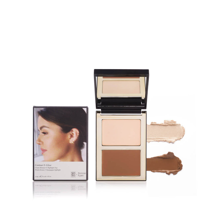SOSU x Bonnie Ryan Contour & Glow Palette showcasing two cream-to-satin finish shades in bronze and champagne tones, displayed alongside swatches of the product, with packaging featuring a portrait of a model.