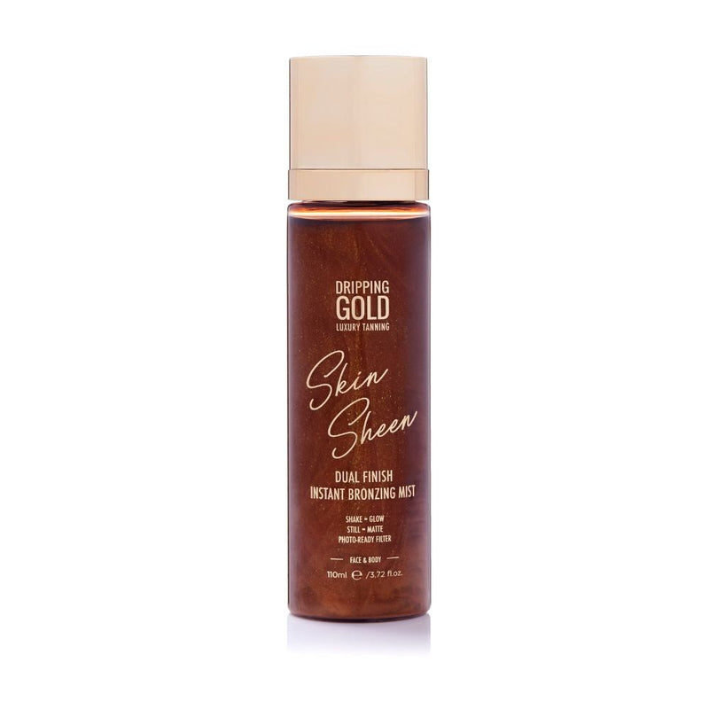 Dripping Gold Skin Sheen Instant Bronzing Mist in a bottle, a unique dual finish formula for instantly bronzed, photo-ready skin that's soft, hydrated, and easy to blend