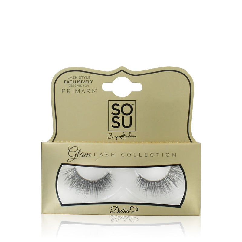 Dubai Glam Lash Collection from SOSU Cosmetics, designed for maximum volume with a lightweight feel, made of soft 3D luxury synthetic fibres and featuring a jet black curved lash band for easy application and intensified look