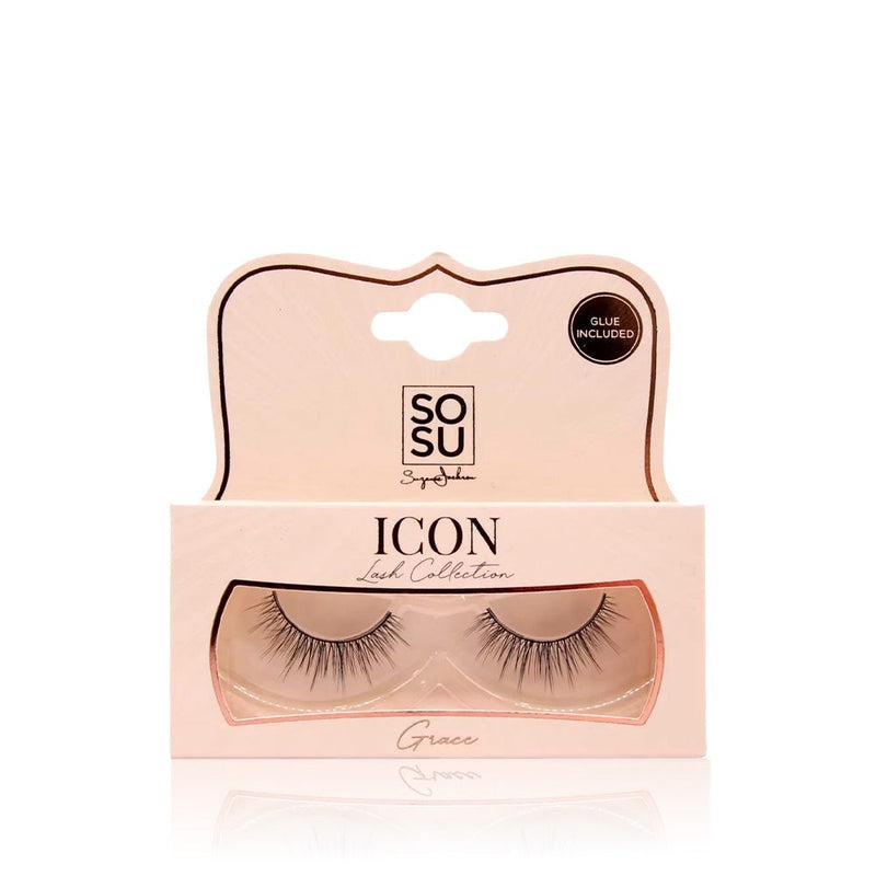 SOSU Cosmetics' Grace from the Icon Lash Collection, a fluffy lightweight lash, designed for a sophisticated look with maximum volume and a jet black lash band.