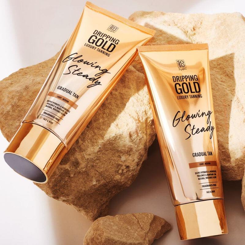 SOSU Dripping Gold Light-Medium Gradual Tan product that provides a subtle sunkissed glow, deeply hydrates and nourishes skin, and is perfect for face and body application