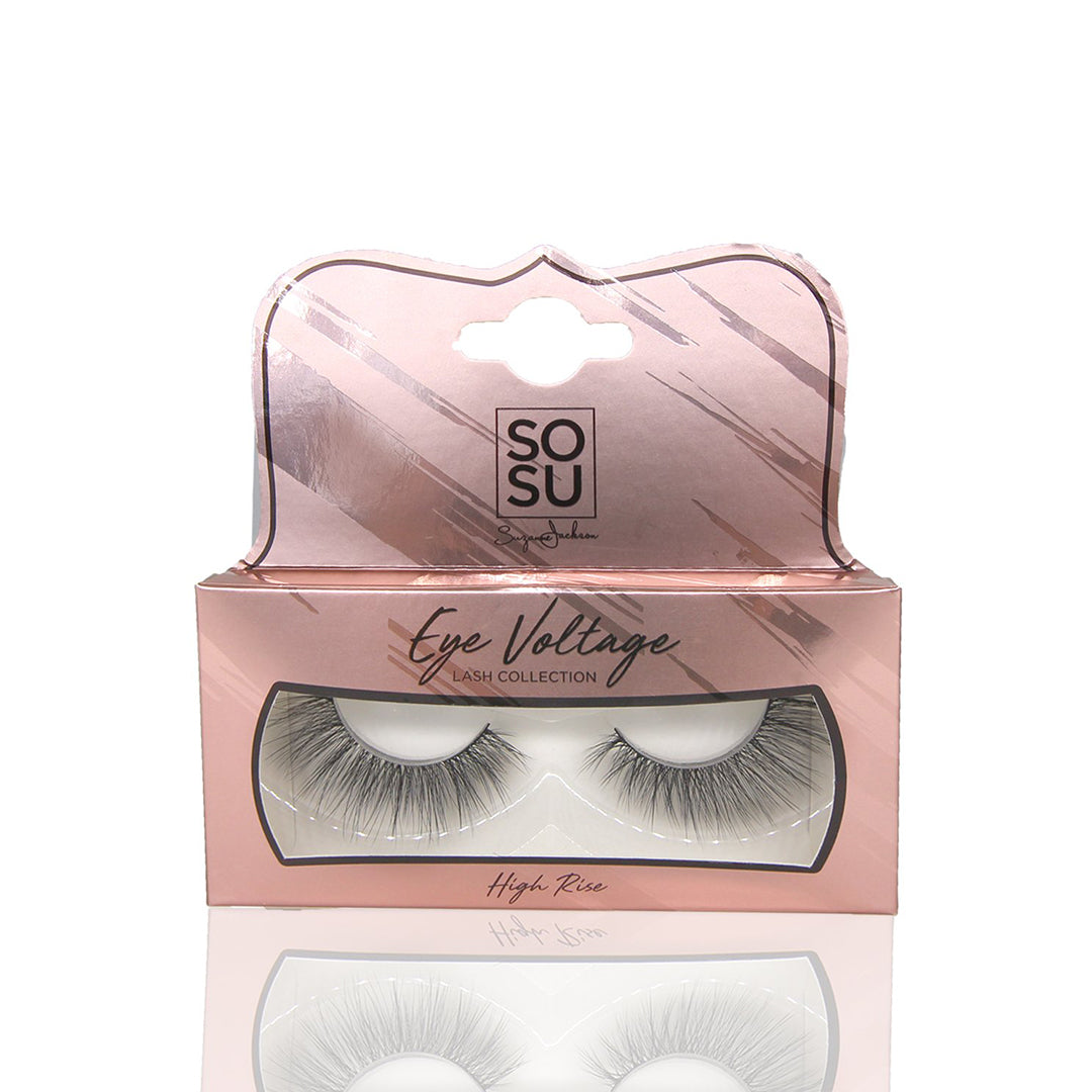SOSU Cosmetics Eye Voltage Lash High Rise, designed to create maximum volume with a lightweight feel, featuring super soft 3D luxury fibres and a jet black curved lash band for the ultimate Eye Voltage look