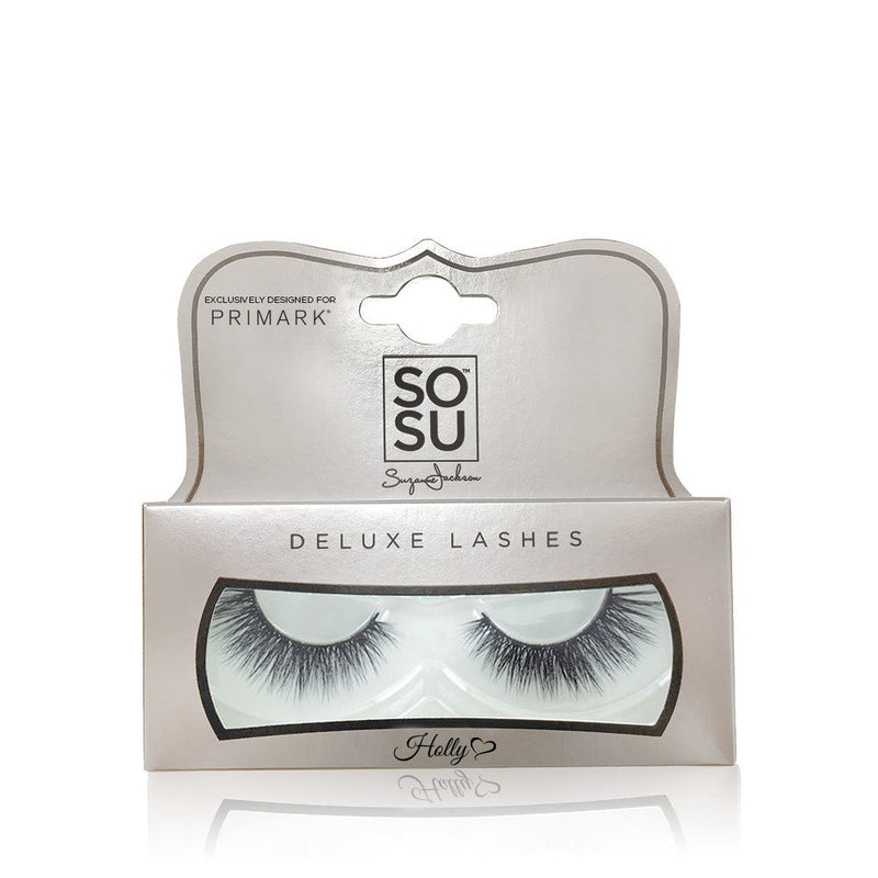 Holly Deluxe Lashes from SOSU Cosmetics, designed to create maximum volume with a lightweight feel, featuring super soft 3D luxury synthetic fibres and a jet black lash band for an intensified look