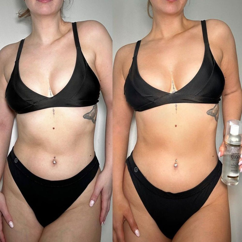 Before and after images of using Hydra Whip Clear Tanning Mousse showing the medium to dark shade transformation offering a streak-free, ultra hydrating application