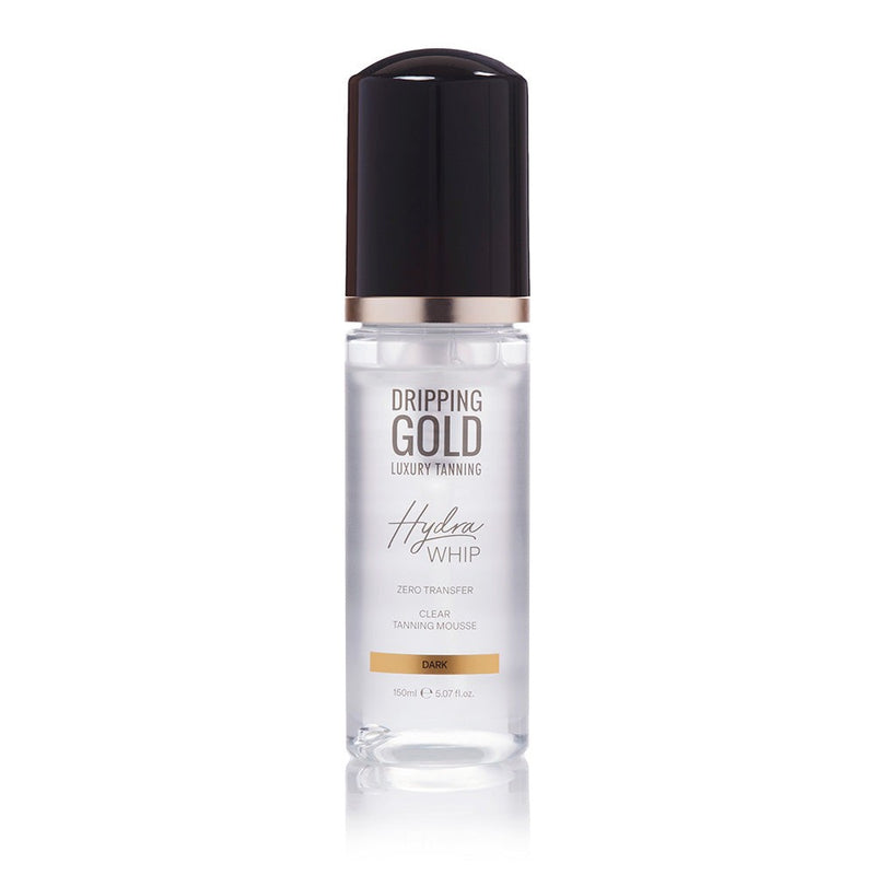Dripping Gold Hydra Whip Clear Tanning Mousse in dark shade, a zero transfer formula enriched with hyaluronic acid and vitamins for total skin nourishment and hydration