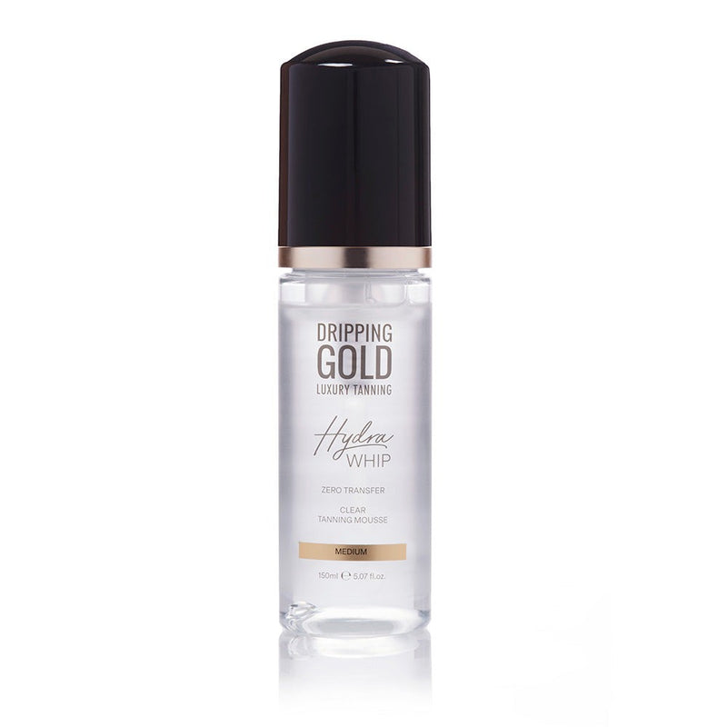 Dripping Gold's Hydra Whip Clear Tanning Mousse in Medium Shade, a zero-transfer, quick-absorbing formula enriched with hyaluronic acid and vitamins for total skin hydration and nourishment