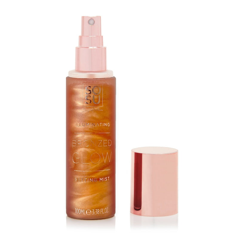 SOSU's Illuminating Bronzed Glow Setting Mist in a 100ml bottle, perfect for setting your makeup and adding a refreshing bronzed glow