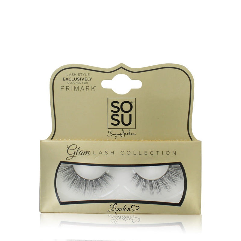 The London Glam Lash Collection by SOSU Cosmetics, designed to create maximum volume with a lightweight feel, featuring super soft 3D luxury synthetic fibres and a jet black curved lash band for easy application