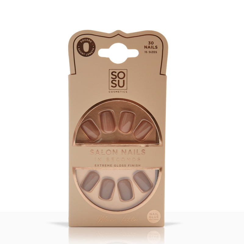 Mocha Latte Faux Nails, packaging | SOSU Cosmetics