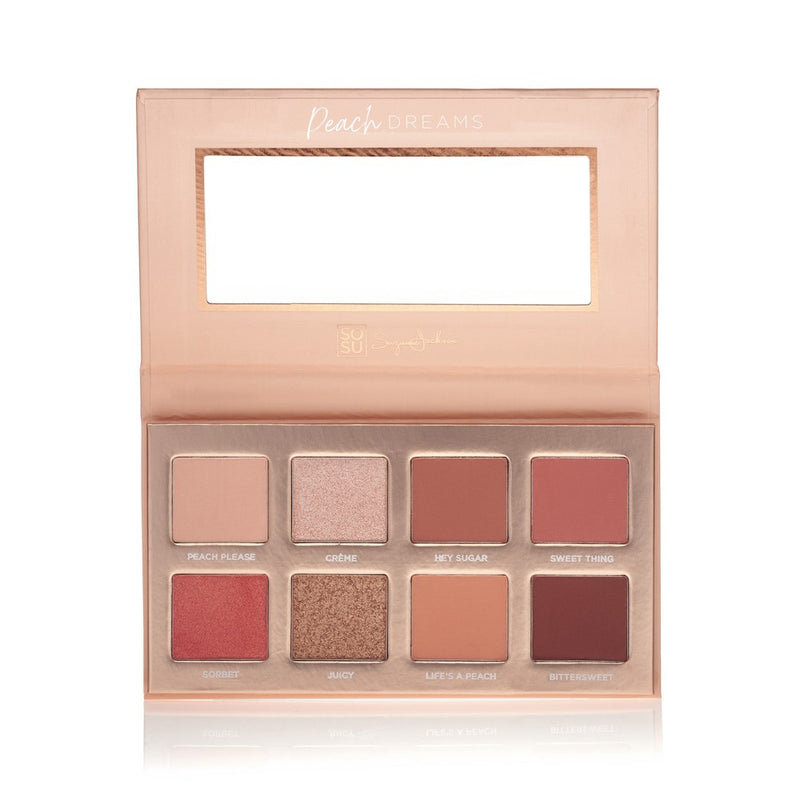 Peach Dreams Eyeshadow Palette showcasing 8 stunning matte & shimmer eyeshadows with shades like 'Peach Please', 'Crème', 'Hey Sugar', 'Sweet Thing', 'Sorbet', 'Juicy', 'Life's a Peach', and 'Bittersweet'. Highly pigmented and long-lasting for creating soft to sultry eye looks. Vegan Friendly & Cruelty Free.