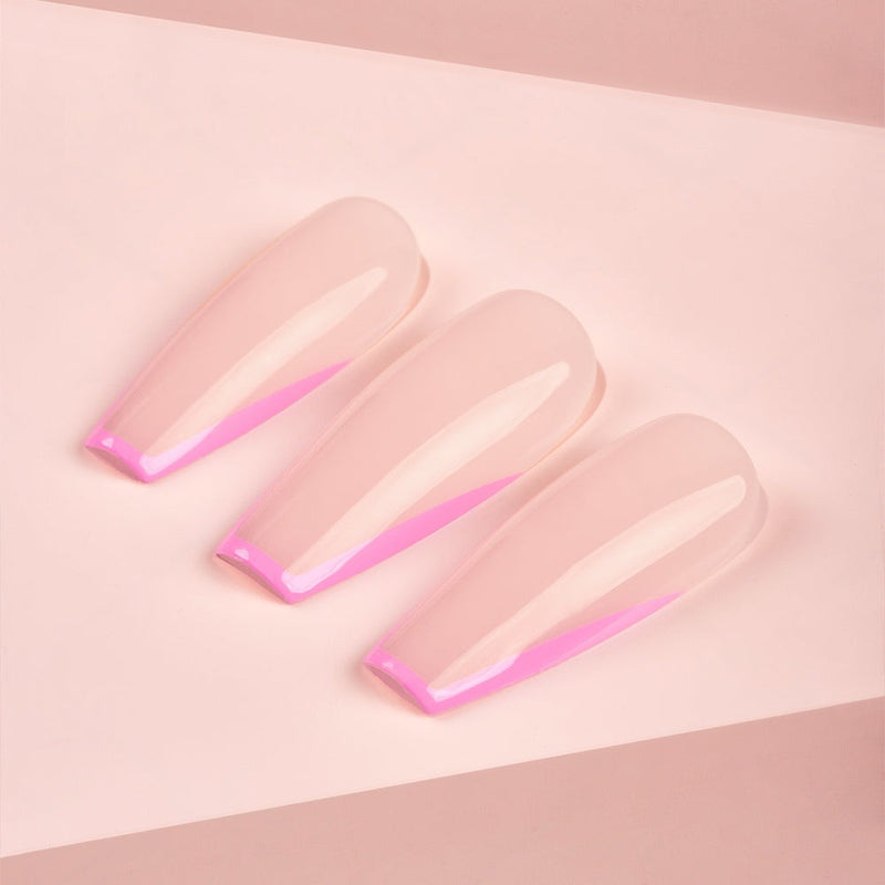 Stunning ballerina-shaped Pink Party Faux Nails with a summer twist on the classic french tip offering on-trend salon results in seconds, with extreme gloss finish.