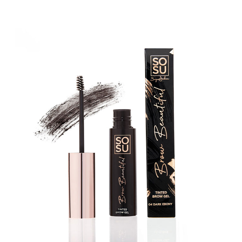 SOSU Brow Gel in 04 Ebony Dark shade, perfect for dark coloured hair with ebony undertones, providing high impact brows with a quick drying and long lasting formula for a silky smooth finish