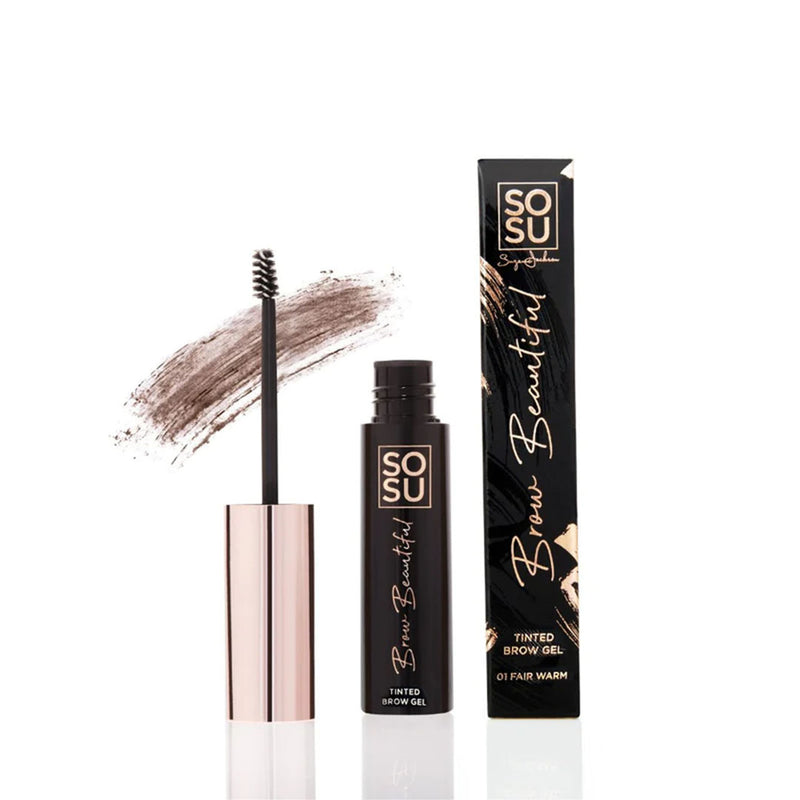 SOSU Brow Beautiful Brow Gel in 01 Fair Warm shade for light coloured hair that provides high impact brows, quick drying and long lasting with a silky finish due to conditioning Vitamin E
